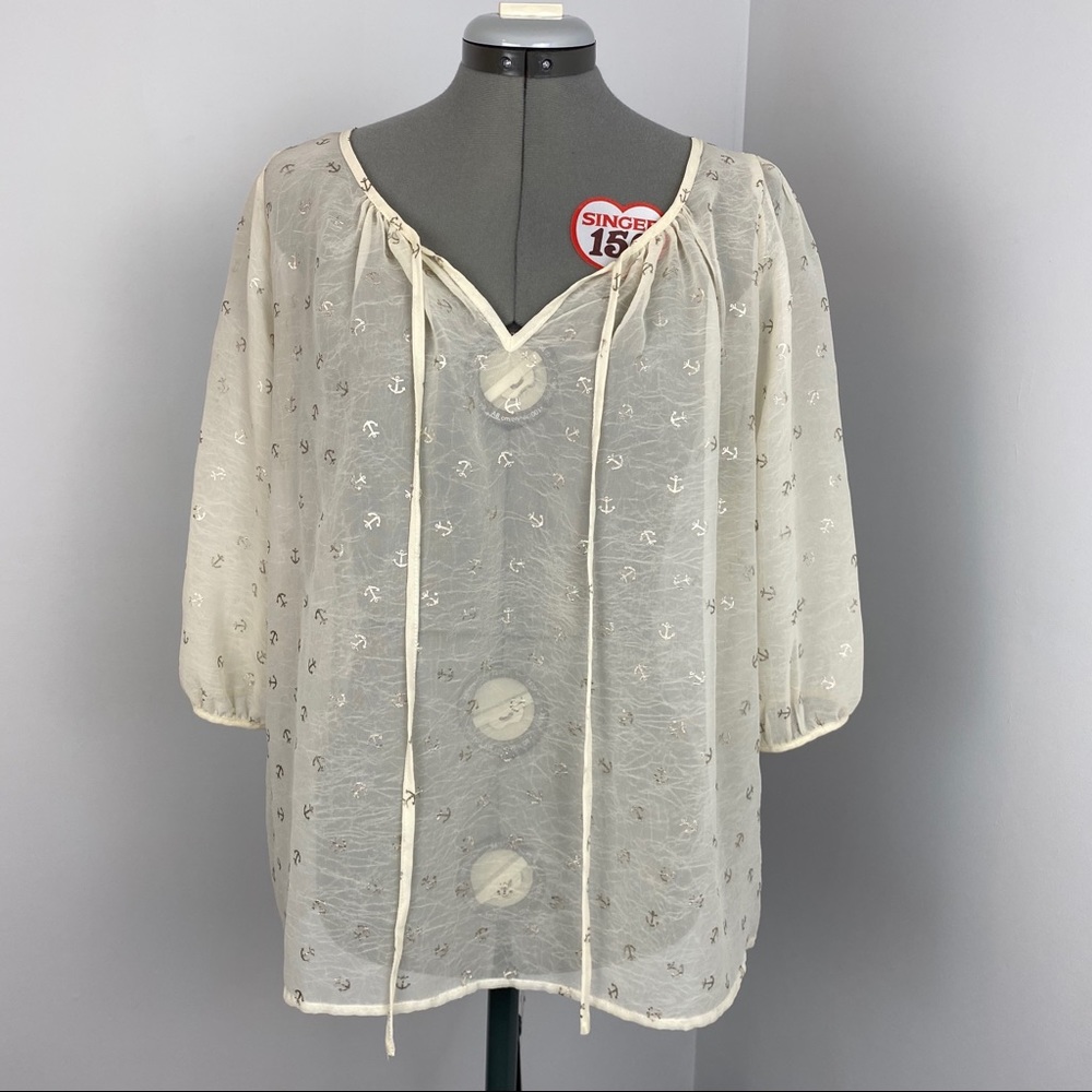 Umgee Sheer Anchor Peasant Blouse Cream & Silver M